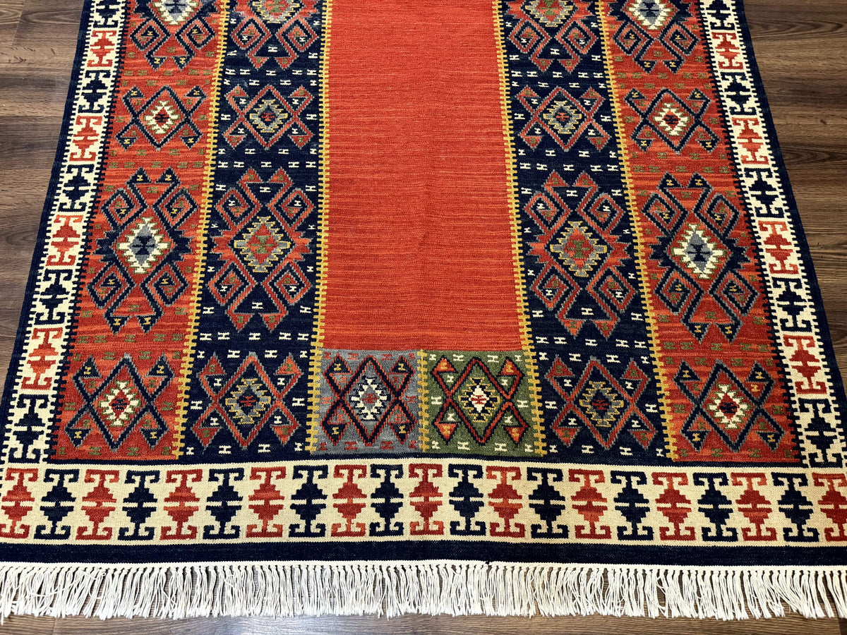 Turkish Kilim Rug 5x8, Flatweave Carpet, Handmade Bohemian Rug, Terracotta and Navy Blue - Jewel Rugs, view 6