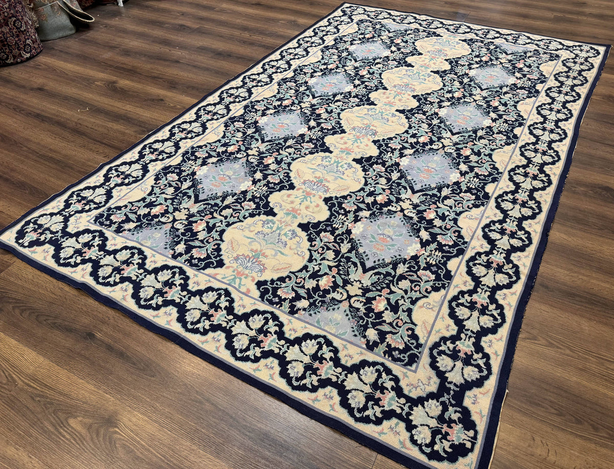Needlepoint Rug 6x9, Ivory and Navy Blue - Jewel Rugs, view 3