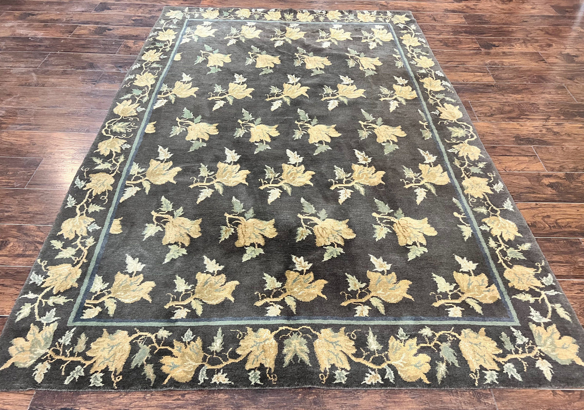 Tibetan Nepal Rug 6x9, Wool Hand Knotted Vintage Carpet 6 x 9, Dark Green & Golden Yellow, Floral Bouquets - Jewel Rugs, view 2