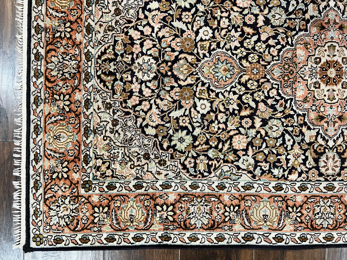 Silk Indian Kashmiri Rug 3x5, Indo Persian Silk on Silk Carpet, Very Fine 350 KPSI, Navy Blue, Handmade, Floral Medallion - Jewel Rugs, view 8