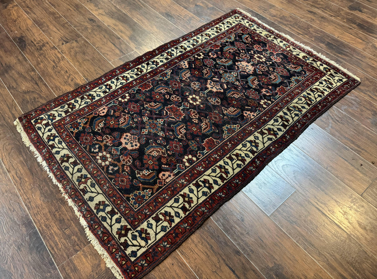 Navy Blue Antique Persian Rug 3x6, Blue and Ivory Persian Carpet, Handmade 1920s Hamadan Rug - Jewel Rugs, view 3
