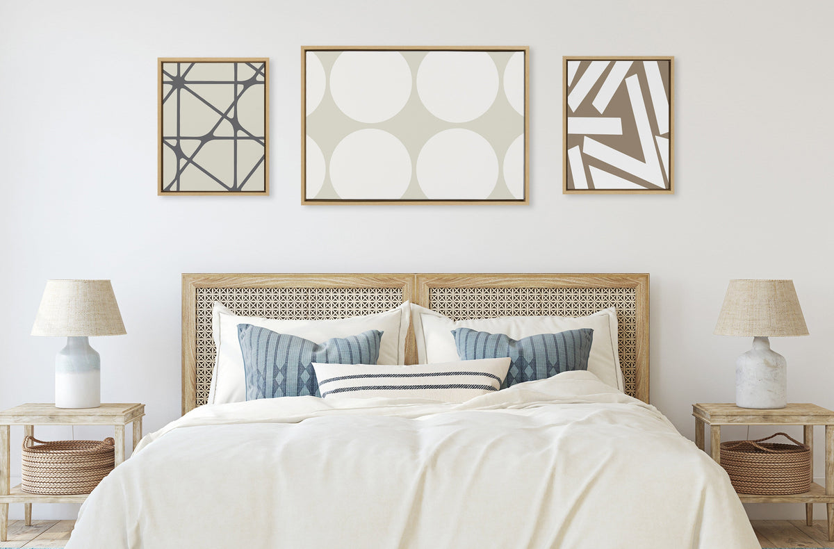 Sylvie Elevated Modern Neutral Dots, Neutral Pattern No 2 and Neutral Stained Glass Framed Canvas by The Creative Bunch Studio