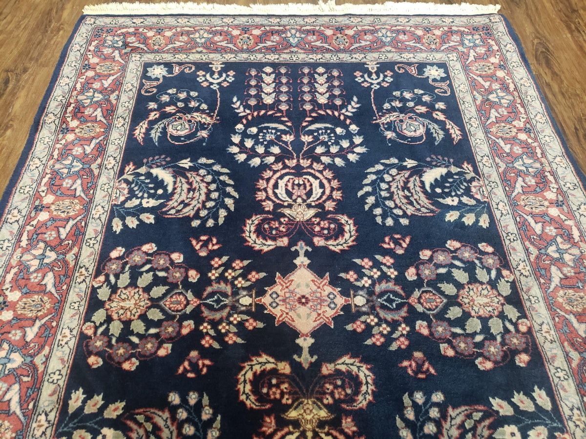 Dark Blue Indo Persian Rug 4x6, Medium Size Hand Knotted Oriental Carpet, Traditional Floral Indian Rug, Blue and Red Entryway Rug, Wool Rug - Jewel Rugs, view 4