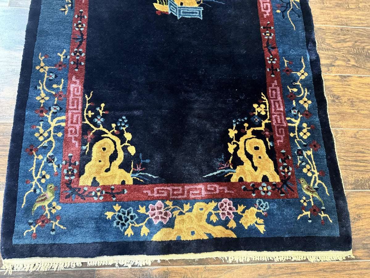 Antique Chinese Peking Rug 3x6, Dark Blue, Bird Motif, Handmade Wool Art Deco Asian Oriental Carpet, Pair B - Jewel Rugs, view 6