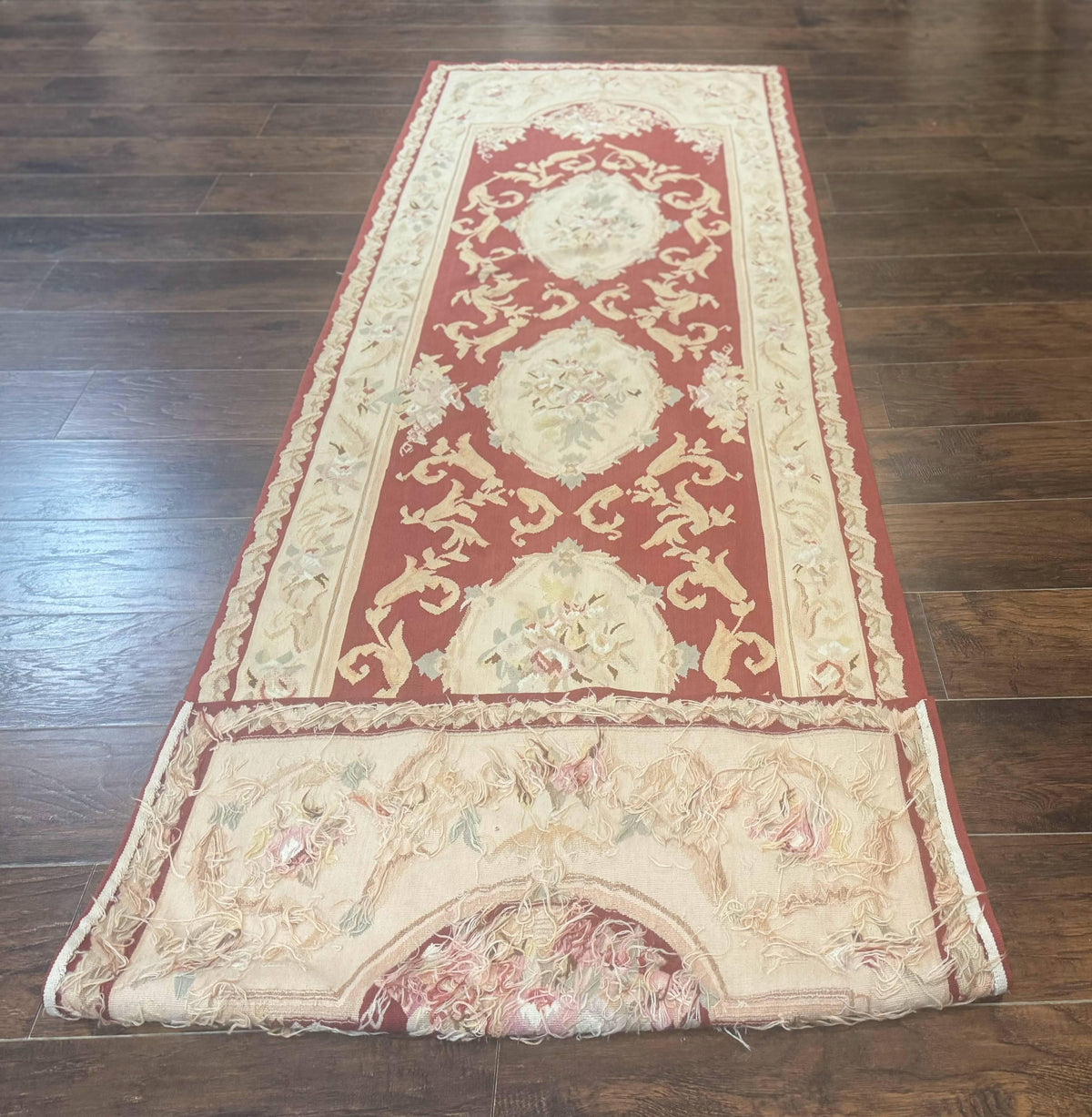 Aubusson Runner Rug 3x10, European Design, Red and Beige, Elegant, Handmade Wool Rug - Jewel Rugs, view 12