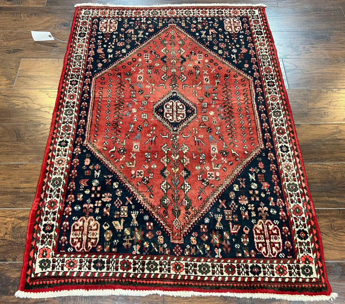 Persian Tribal Rug 3.6 x 5 ft, Persian Abadeh Rug, Geometric Medallion Bird Motifs, Red and Navy Blue Hand Knotted Handmade Wool Vintage Oriental Carpet - Jewel Rugs, view 2