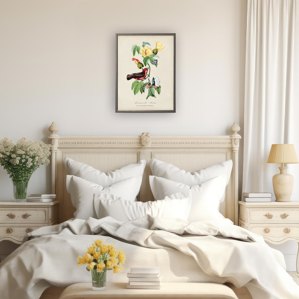 Flycatcher and Flower Print in Beaded Pewter Frame - Antique Curiosities, view 3