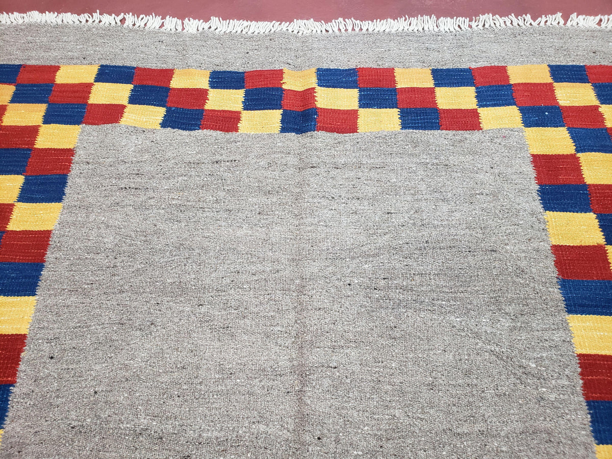 New Turkish Kilim Area Rug, Gray Carpet With Colorful Checker Border, 5'6" x 8", Flatweave Carpet, Playroom Rug, Kids Room Rug, Hand-Knotted - Jewel Rugs, view 3