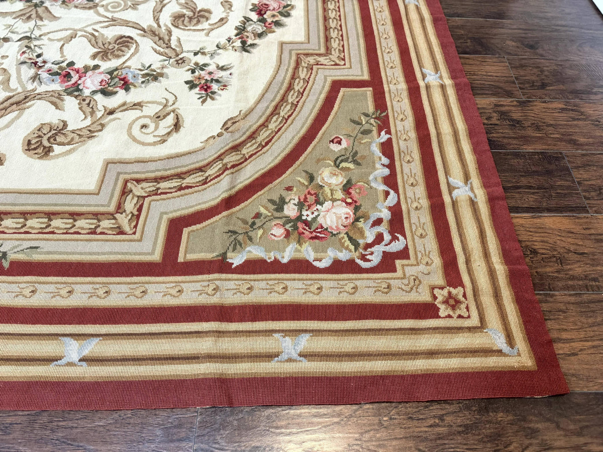 Aubusson Needlepoint Rug 9x11, Handmade Vintage Wool Flatweave Carpet, Elegant European Rug, Floral, Cream - Jewel Rugs, view 10