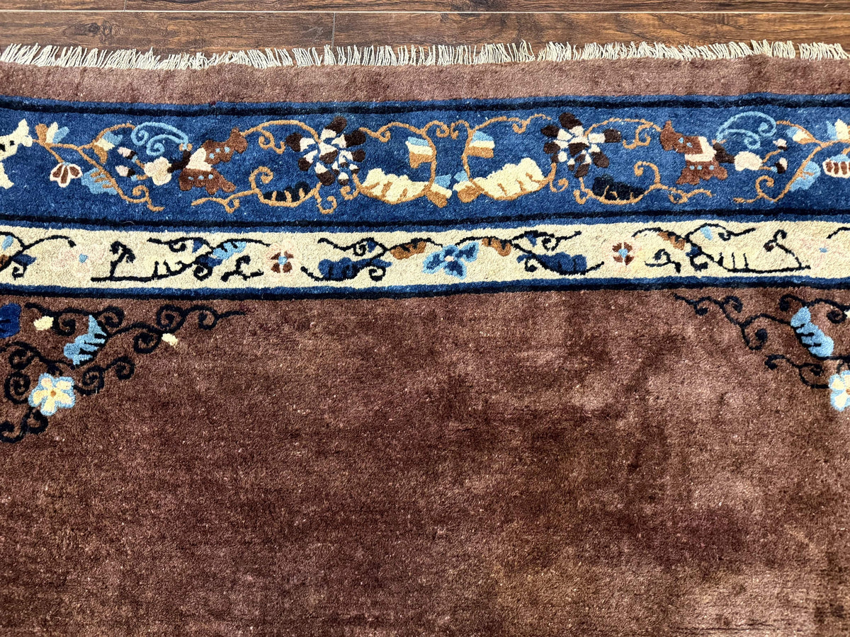 Antique Chinese Wool Rug 9x11, Large Chinese Art Deco Rug, Peking Rug, Brown and Blue, Open Field, Fete Rug - Jewel Rugs, view 4