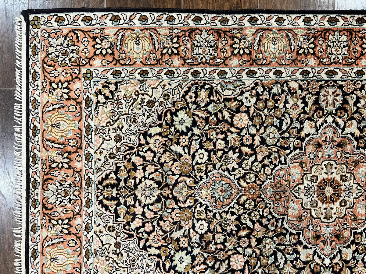 Silk Indian Kashmiri Rug 3x5, Indo Persian Silk on Silk Carpet, Very Fine 350 KPSI, Navy Blue, Handmade, Floral Medallion - Jewel Rugs, view 6