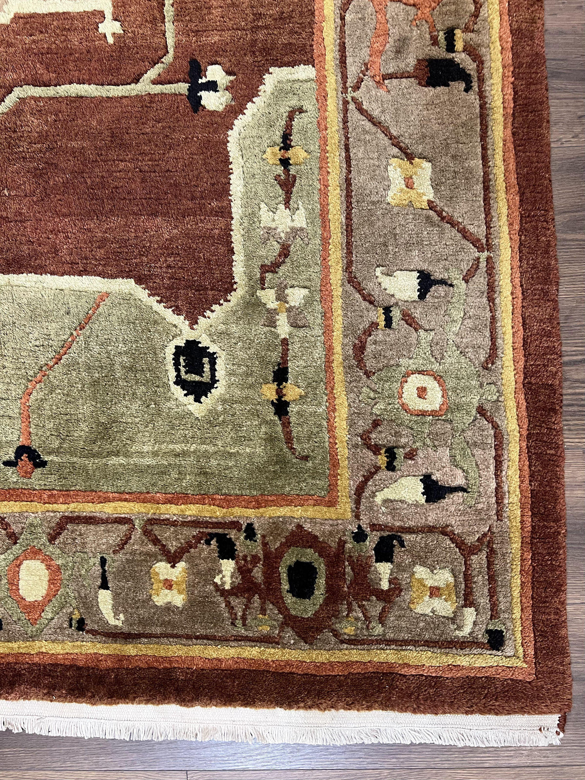 Tibetan Rug 7x10, Geometric Medallion, Red Green Taupe, Hand Knotted, Soft Wool Area Rug, Contemporary Carpet, Handmade Nepali Rug 7 x 10 ft - Jewel Rugs, view 10