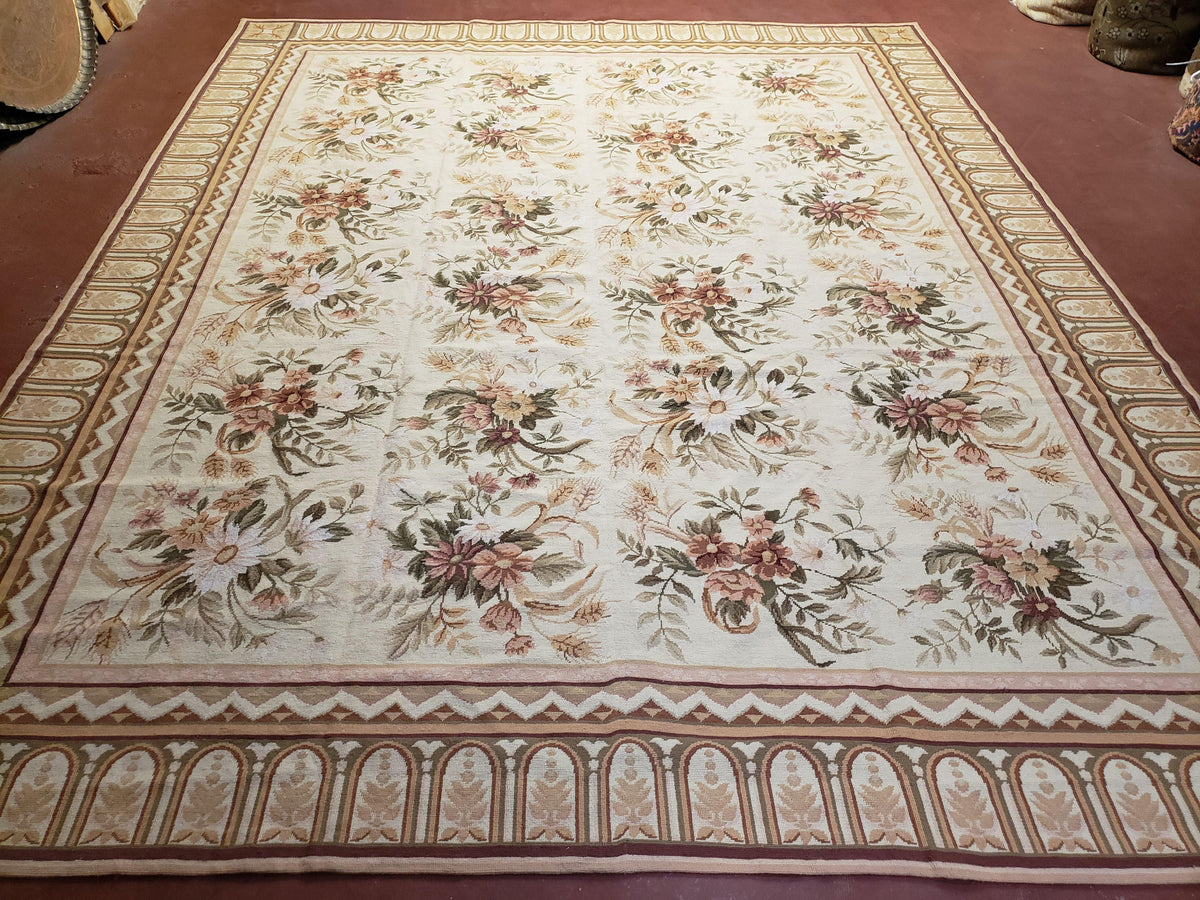 Needlepoint Rug 8x10 Aubusson Rug Victorian Floral Rug Handmade French Style French Decor Garden Panel Beige 8 x 10 Area Rug 100% Wool - Jewel Rugs, view 2