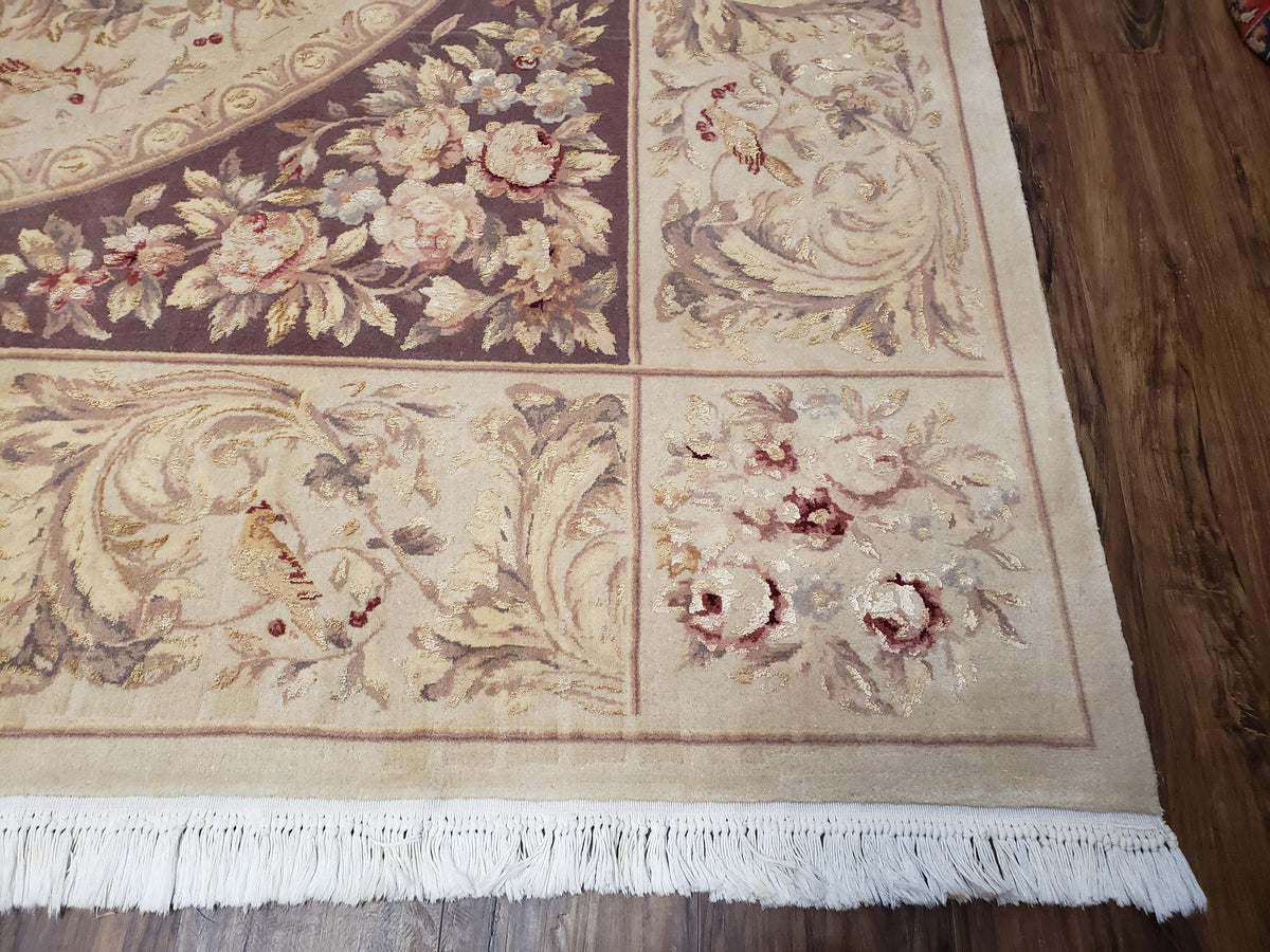 Chinese Aubusson Savonnerie Area Rug 8x12, Vintage 120 Line Carpet, Wool and Silk Hand-Knotted, Birds Flowers Master Weaver Signature - Jewel Rugs, view 10