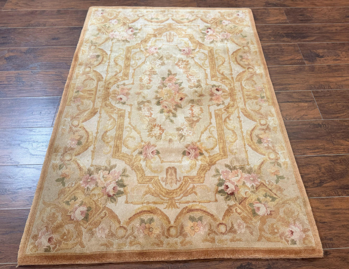 Chinese Aubusson Rug 3.6 x 5, Beige and Gold, Handmade Vintage Elegant European Design Carpet, Plush Wool, Handmade - Jewel Rugs, view 2