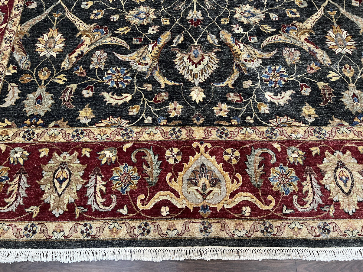 Pak Persian Mahal Rug 9x12, Allover Floral Pakistani Oriental Carpet 9 x 12, Wool Hand Knotted Area Rug, Dark Slate Gray-Black and Maroon - Jewel Rugs, view 6
