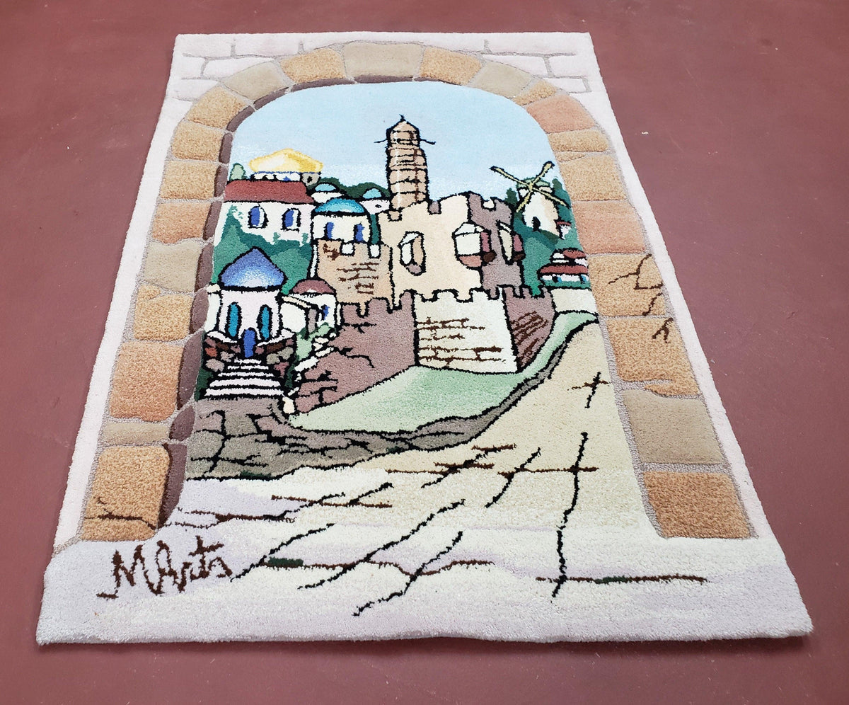Small Judaica Rug, Rug with Jerusalem Pictorial, Chanuka Gift, Hand-Tufted, Jerusalem Gate, Vintage Judaica, Western Wall Rug, 3x4 Rug - Jewel Rugs, view 3