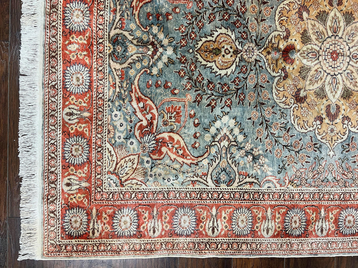 Silk Turkish Rug 5x7, Light Blue Silk Carpet, Floral Medallion, Turkish Kayseri Rug, Vintage Handmade Oriental Rug - Jewel Rugs, view 7