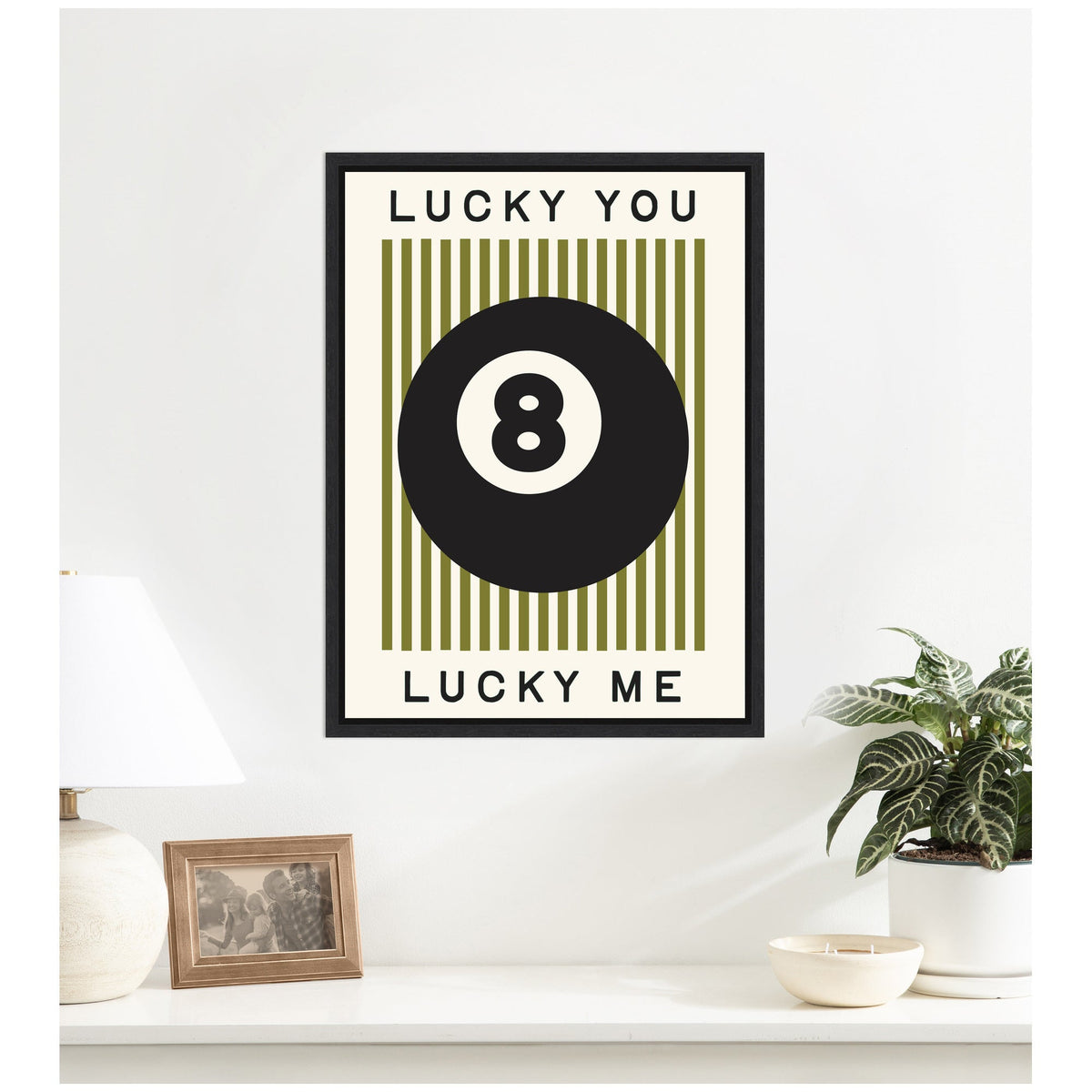 Lucky You Lucky Me Green Striped 8 Ball Print, Dopamine Decor for Home or Apartment Retro Poster by Lucky Guava Framed Canvas Wall Art Print