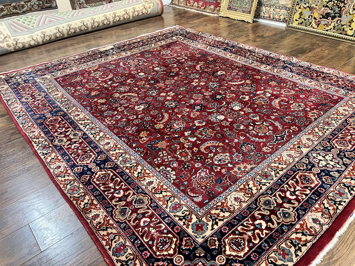Signed Persian Mashad Rug 8x10, Wool Oriental Carpet, Semi Antique Rug, Hand Knotted, Traditional, Red, Floral Allover, - Jewel Rugs, view 2