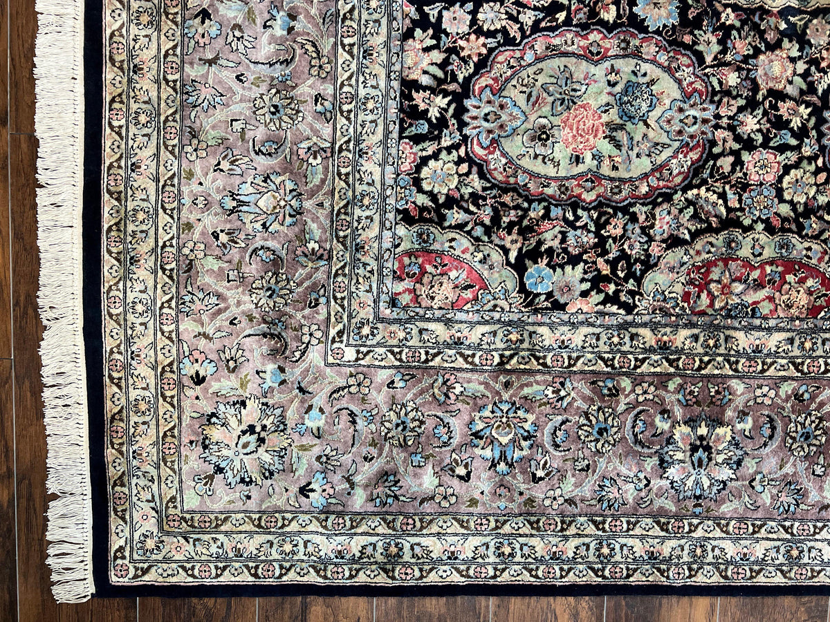 Sino Persian Rug 9x12, Navy Blue and Pink Hand Knotted Wool and Silk Highlights Vintage Oriental Carpet, Handmade Floral Area Rug 9 x 12 ft - Jewel Rugs, view 8