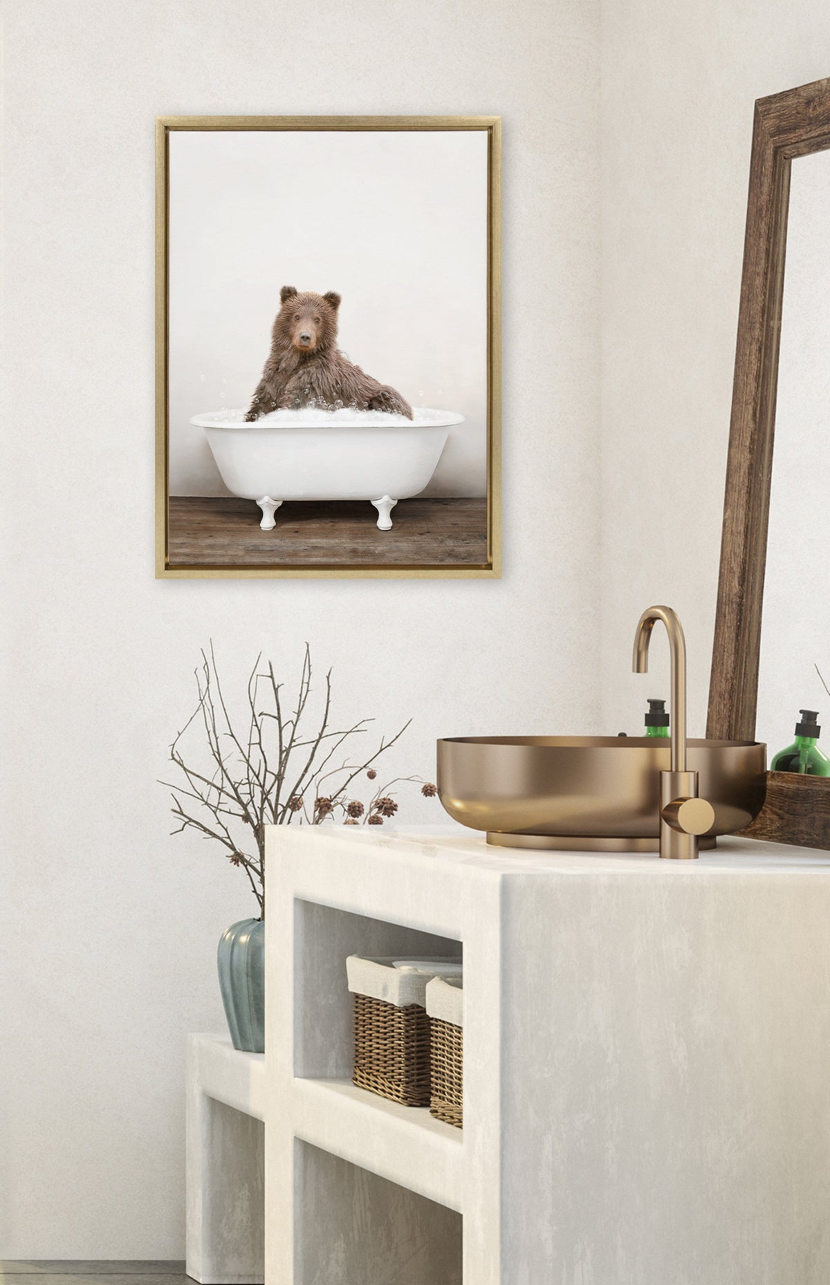 Sylvie Bear Rustic Bubble Bath Framed Canvas by Amy Peterson Art Studio