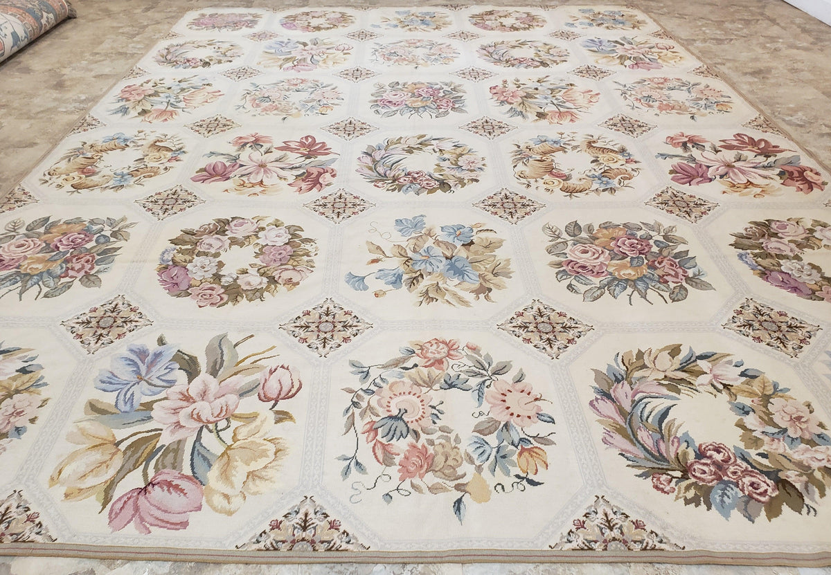 Needlepoint Rug 10x13 Vintage Carpet, Floral Panel Design, Beige, Multicolor Flowers, Handmade Hand Woven, Flatweave, No Pile, Wool - Jewel Rugs, view 2