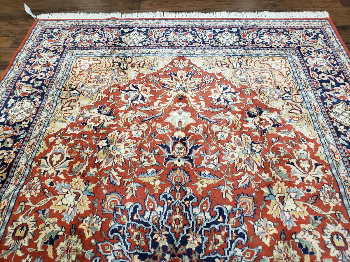 Vintage Indo Persian Oriental Rug 6 x 9.6, Wool Hand-Knotted Red Dark Blue & Gold Indian Carpet, 6 x 9 Office Room Rug, Floral Medallion - Jewel Rugs, view 11