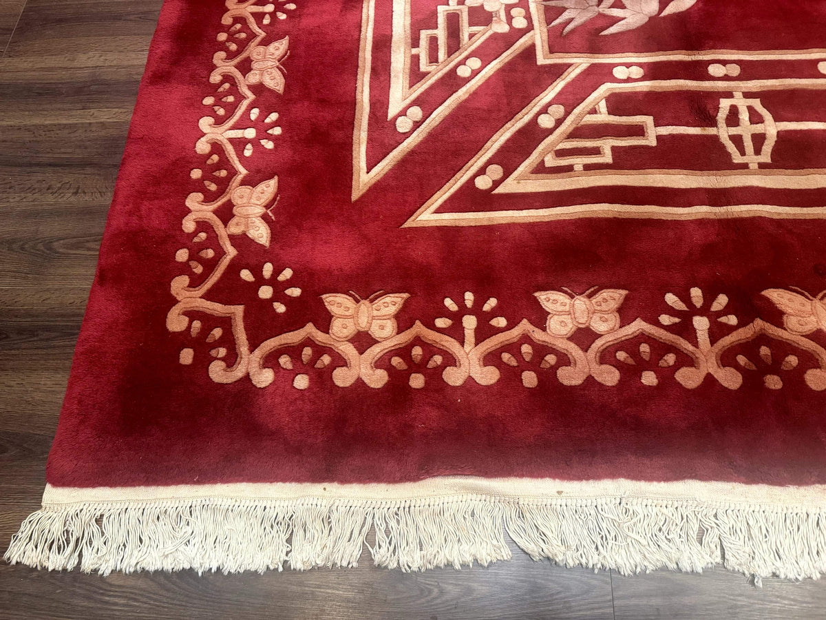 Palace Size Chinese Wool Rug 12x18, Red Art Deco Chinese Carving Carpet, Butterflies Flowers - Jewel Rugs, view 9