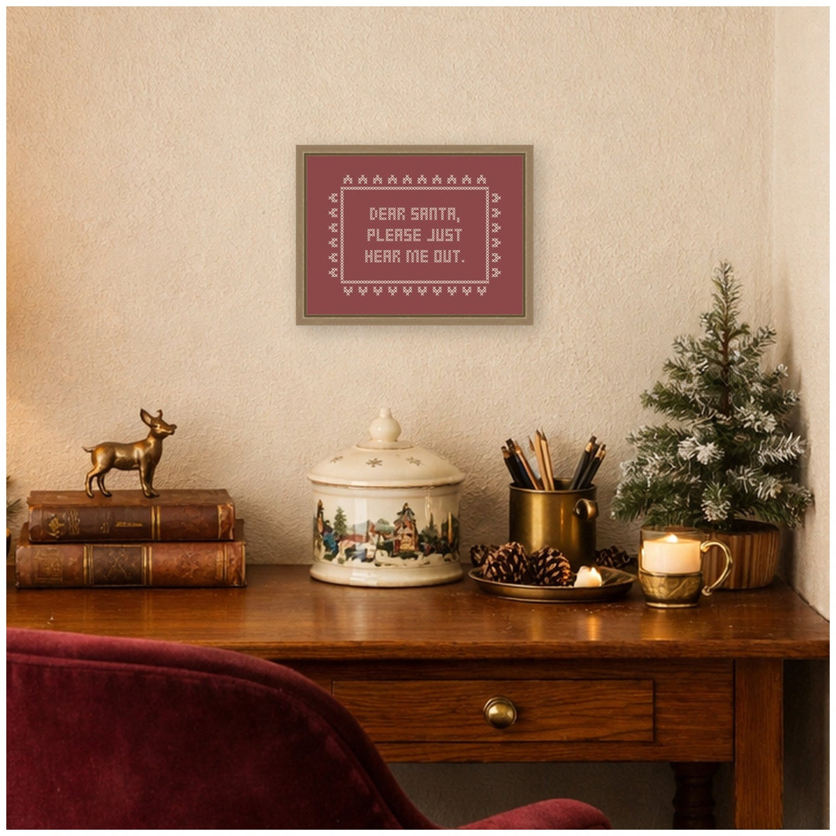 Dear Santa Cross Stitch by Kikiandnim Framed Canvas Wall Art Print