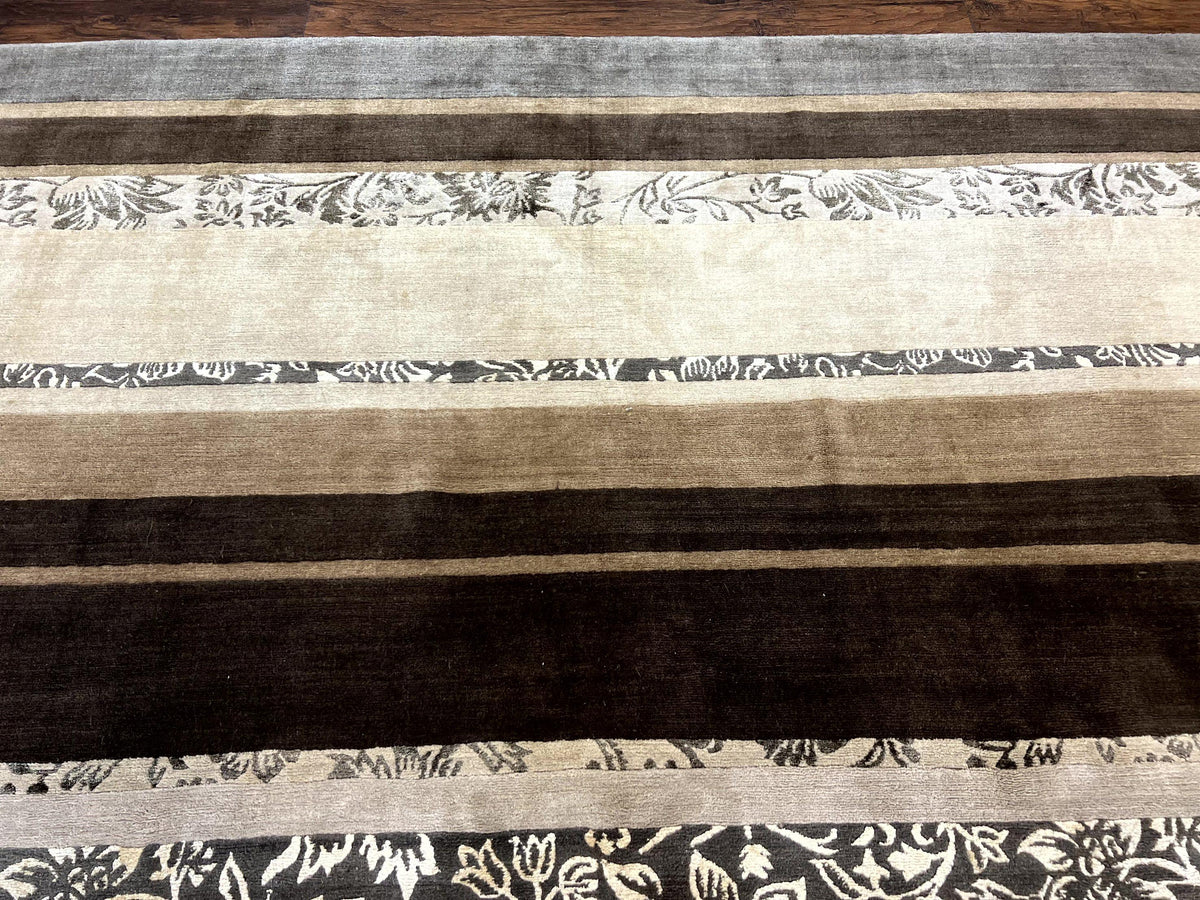 Modern Tibetan Nepali Rug 8x12, Stripe Pattern, Wool with Silk Highlights, Handmade, Beige Tan Brown - Jewel Rugs, view 6