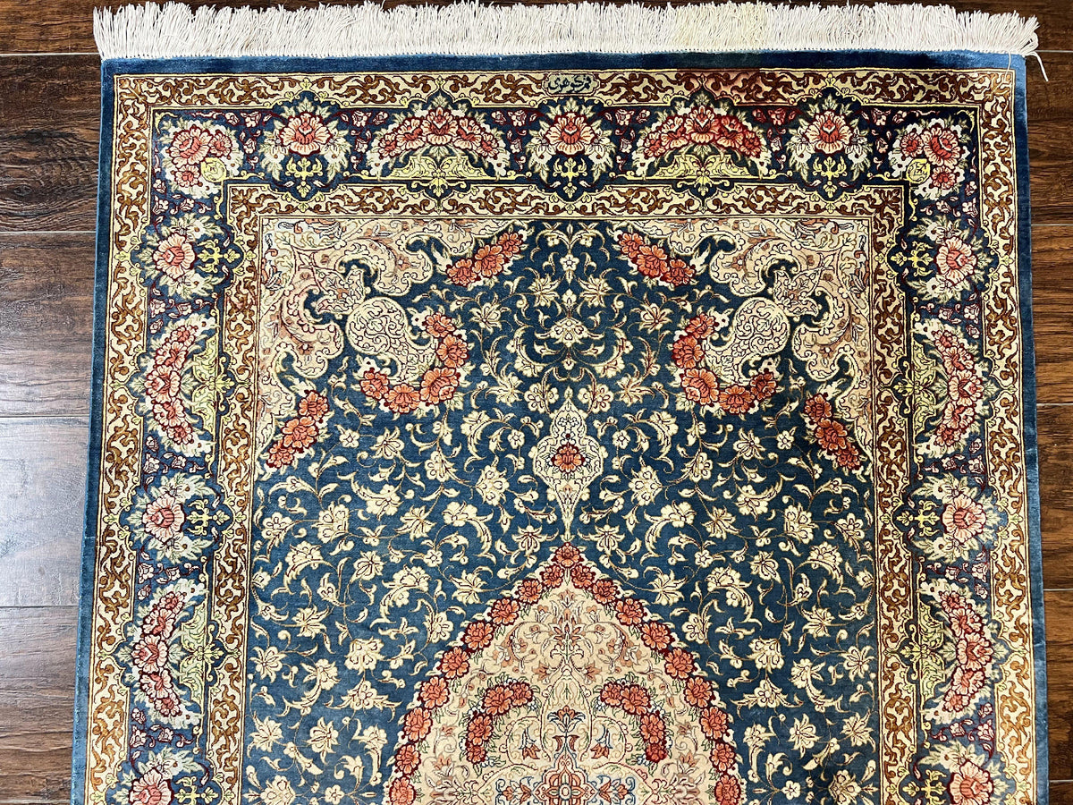 Magnificent Persian Qum Silk Rug 3x5, Blue, Super Fine 675 KPSI - 70 Raj, Floral Roses, Handmade Vintage Silk Carpet, Masterpiece - Jewel Rugs, view 3