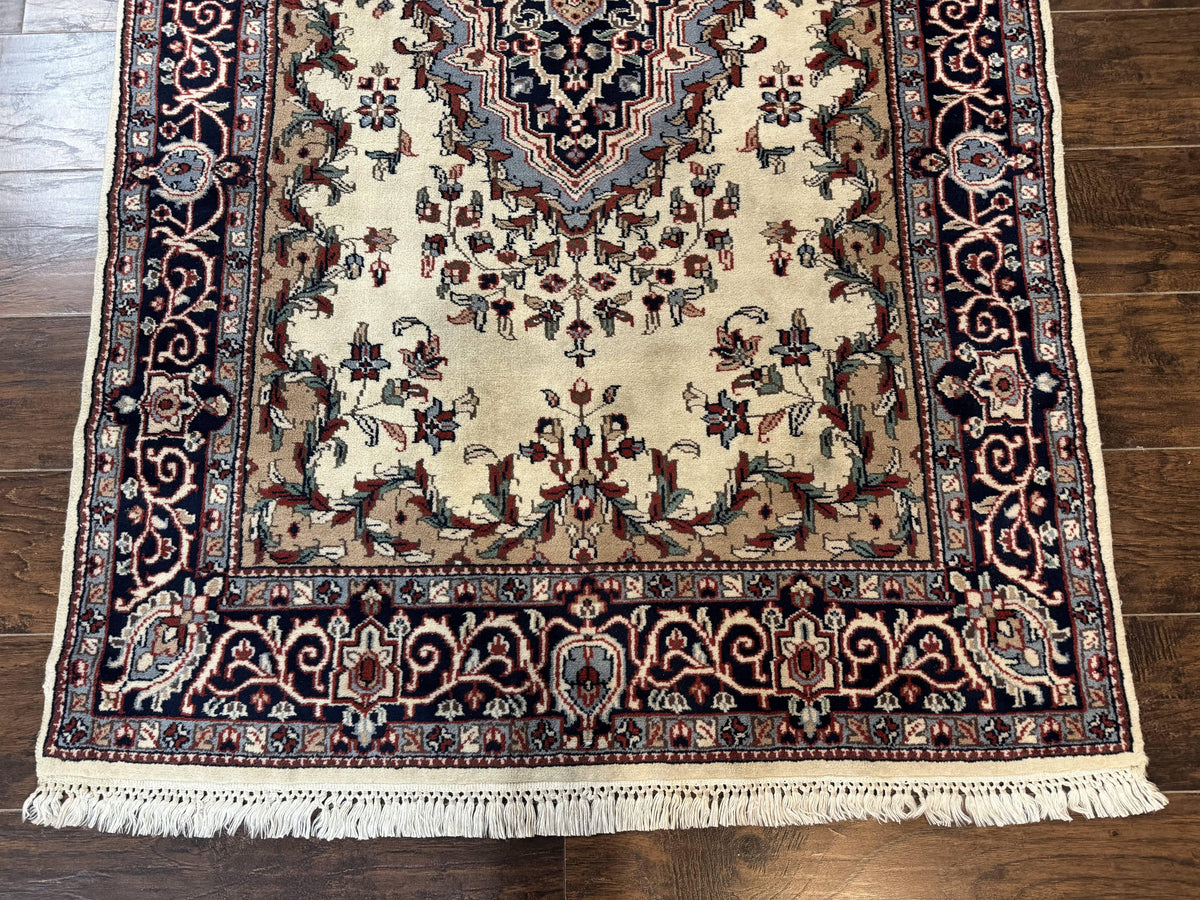 Indian Kashmiri Rug 4x6, Ivory Beige Navy Blue, Traditional Indo Persian Rug - Jewel Rugs, view 6