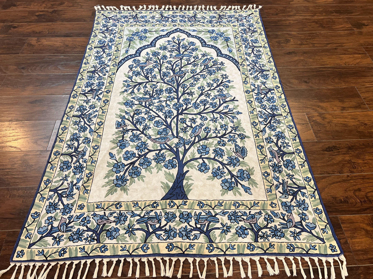 Tree of Life Indian Hand Stitched Rug 4x6, Indian Wall Hanging Rug, Ivory Blue, Silk on Cotton, Vintage - Jewel Rugs, view 2