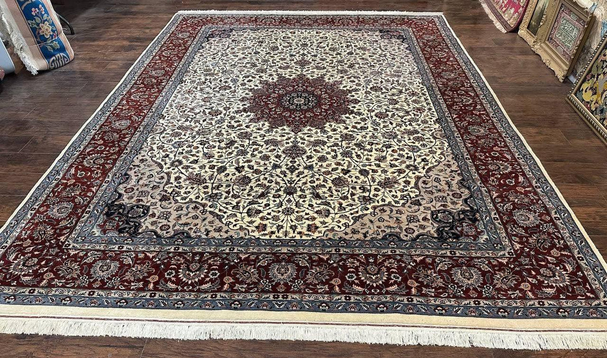 Sino Persian Rug 9x12, Vintage Wool Oriental Carpet, Floral Medallion, Wool Rug, Cream and Maroon - Jewel Rugs