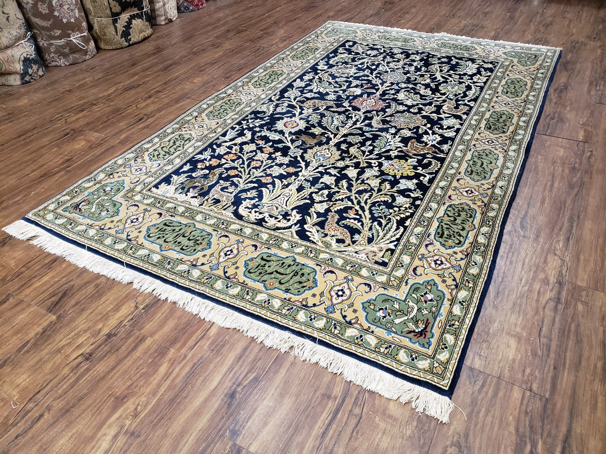 Semi Antique Persian Qum Tree of Life Rug, Hand-Knotted, Wool, Midnight Blue and Tan, Animal Pictorials, Written Poem in Borders, 4' 8" x 7' 8" - Jewel Rugs, view 13