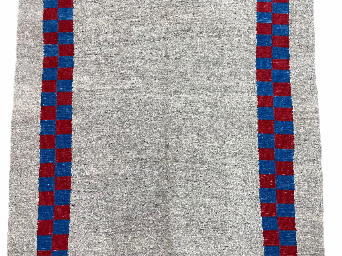 Gray Turkish Kilim Carpet 5' 7" x 7' 7", Medium Kilim Rug, Hand-Knotted, Blue & Red Border, Minimalistic Design, Geometric, Wool, New - Jewel Rugs, view 4