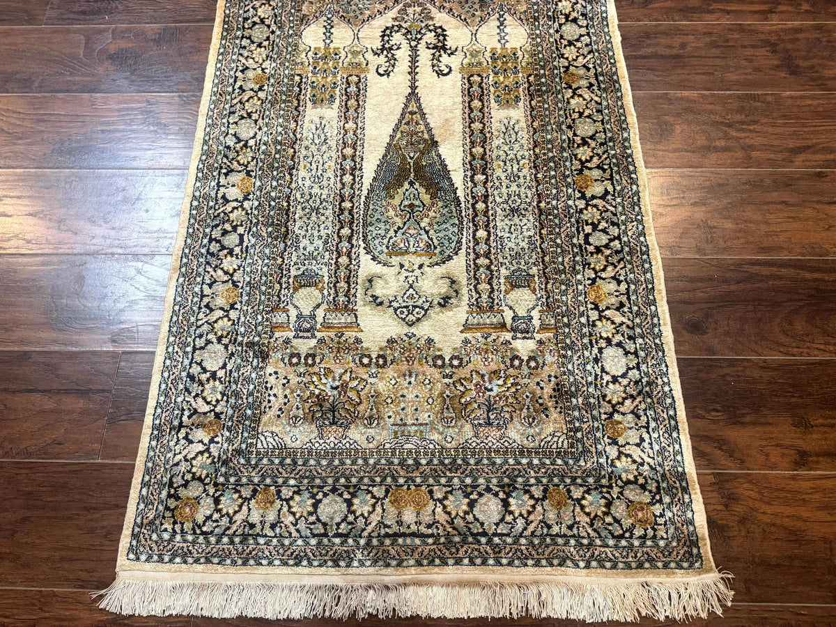 Silk Indian Kashmiri Rug 3x4, Very Fine 400 KPSI, Silk Prayer Rug, Handmade - Jewel Rugs, view 6