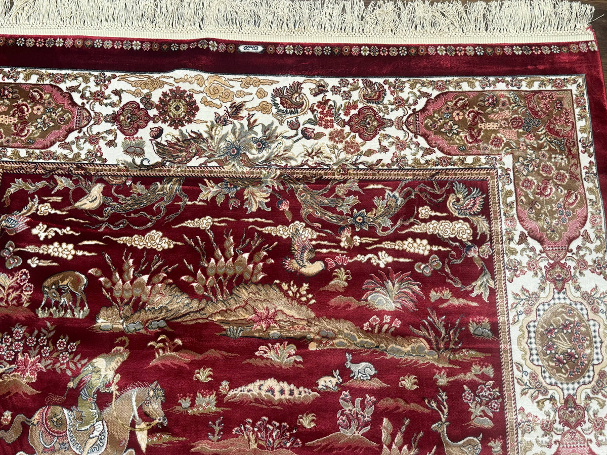 Turkish Silk Hunting Design Rug 4x6, Dark Red & Ivory, Bamboo Silk, New - Jewel Rugs, view 6