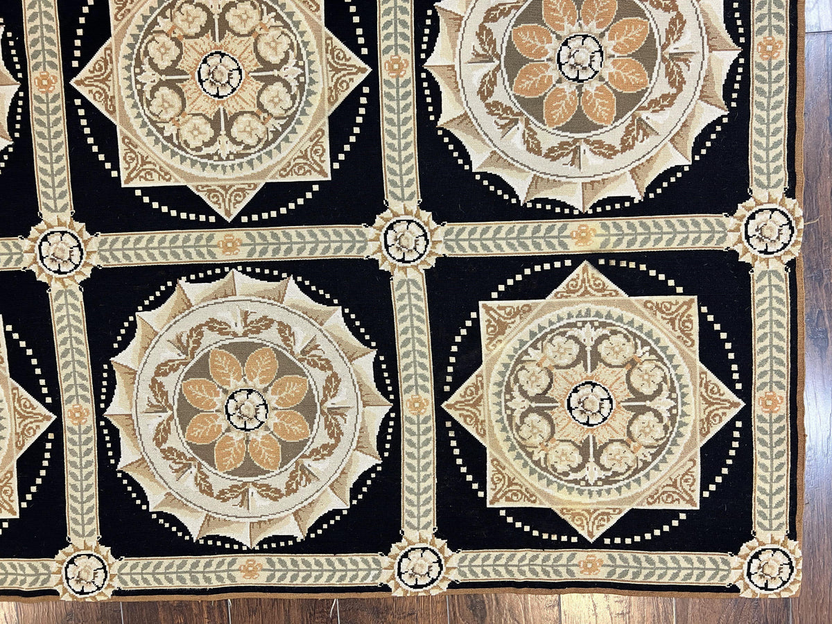 Needlepoint Rug 8x10, Black Tan Beige, Panel Design, Wool Handwoven Handmade Flatweave Needlepoint Carpet, Vintage French European Rug - Jewel Rugs, view 10