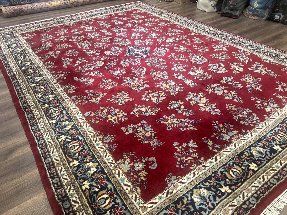 Indo Persian Sarouk Rug 10x14, Large Red and Navy Blue Carpet, Traditional Floral Wool Rug - Jewel Rugs, view 13