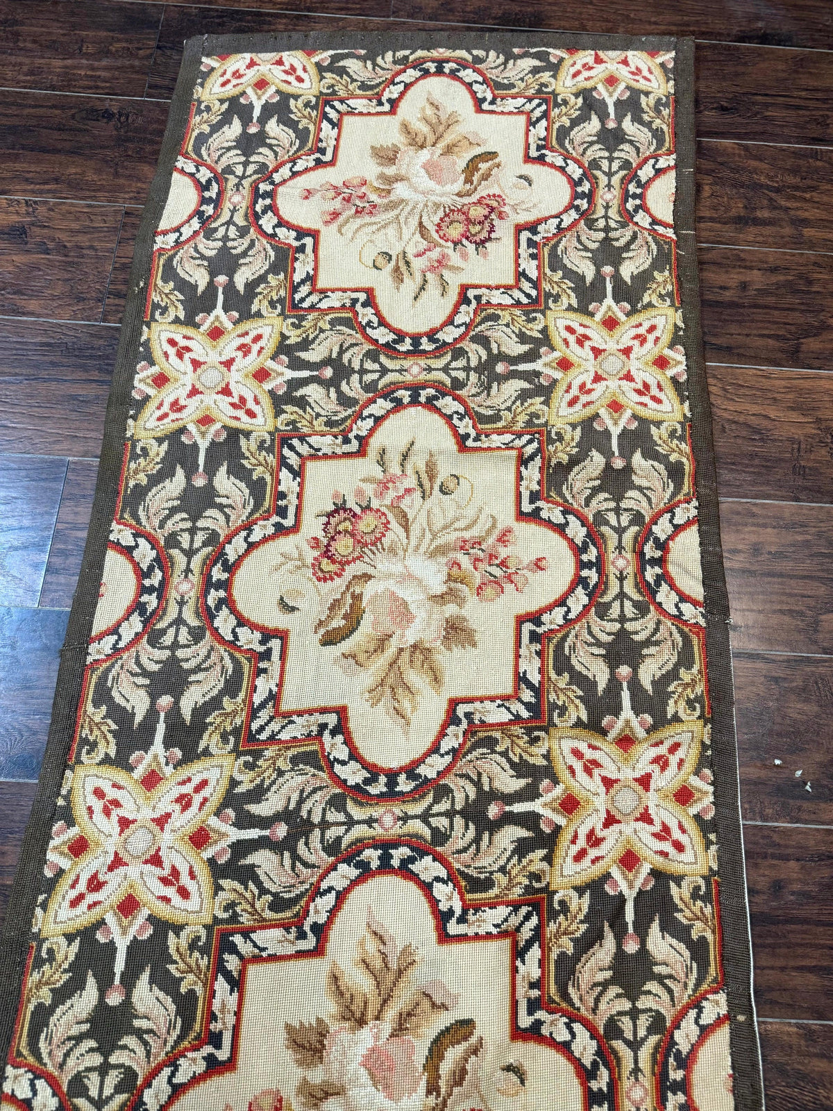 Needlepoint Runner Rug 2.7 x 9.7, European French Design, Wool, Handmade, Vintage - Jewel Rugs, view 4