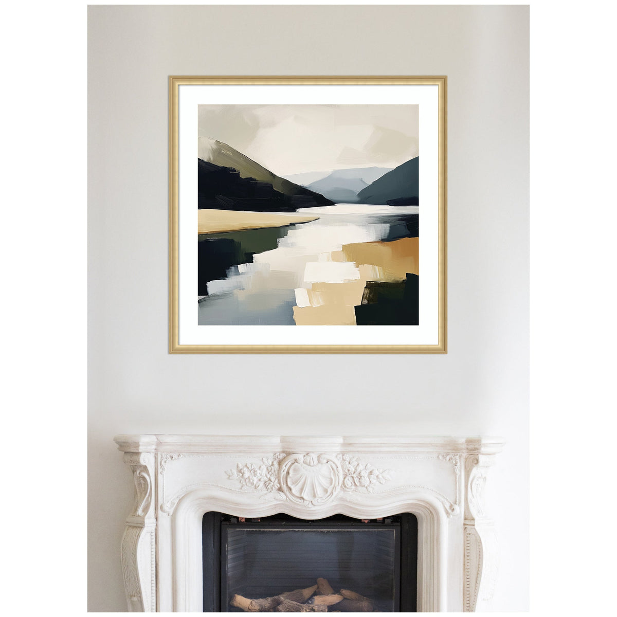 Framed Art Mountain Lake Modern Abstract Landscape by The Creative Bunch Studio