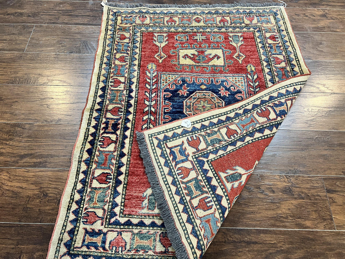 Turkish Kazak Rug 3x4, Wool Hand Knotted Small Vintage Carpet, Red Navy Blue, 3 x 4 Oriental Rug, Geometric Design - Jewel Rugs, view 12