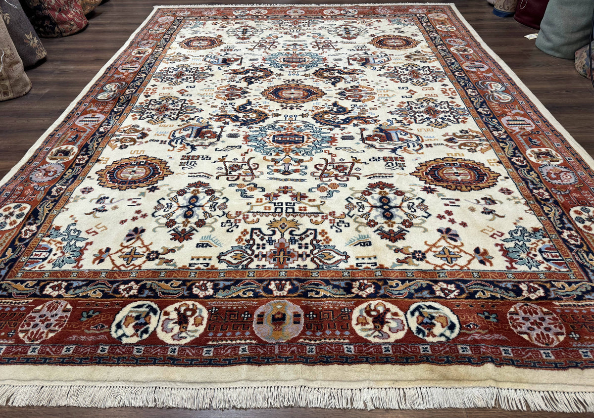Indo Chinese Wool Rug 9x12, Ivory and Rust Red, Dragon Motifs - Jewel Rugs, view 2