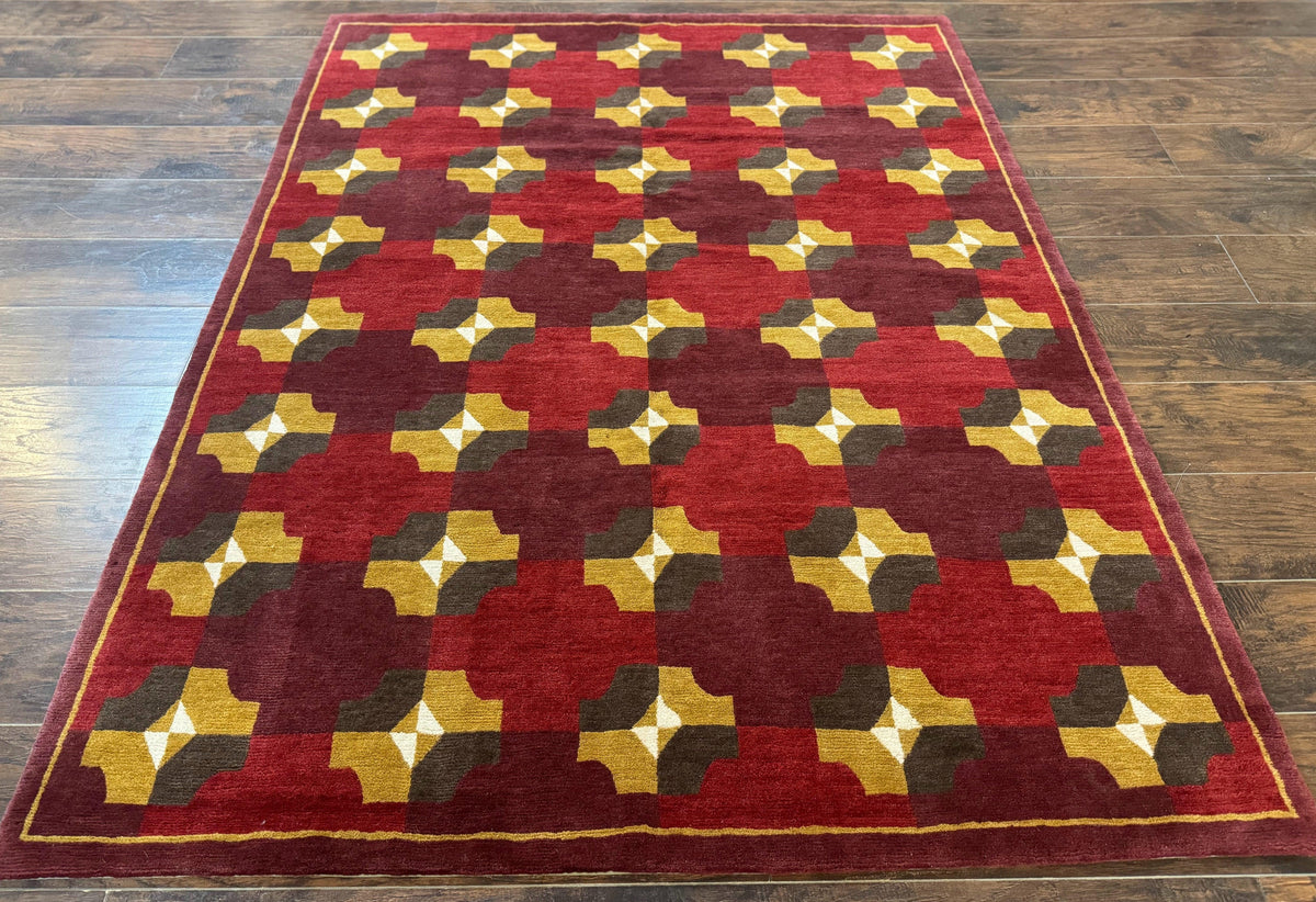 Modern Tibetan Rug 5 x 6.8, Wool, Red, Allover Pattern, Nepali Rug, Abstract Rug, Handmade Area Rug - Jewel Rugs, view 2
