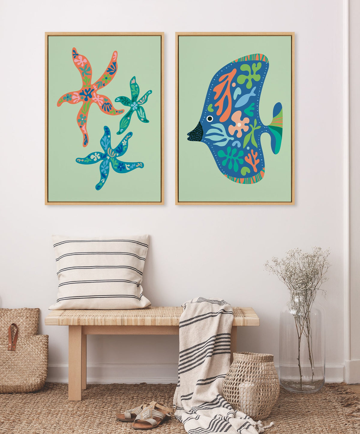 Sylvie Modern Colorful Starfish and Modern Colorful Tropical Fish Framed Canvas Art Set by Rachel Lee