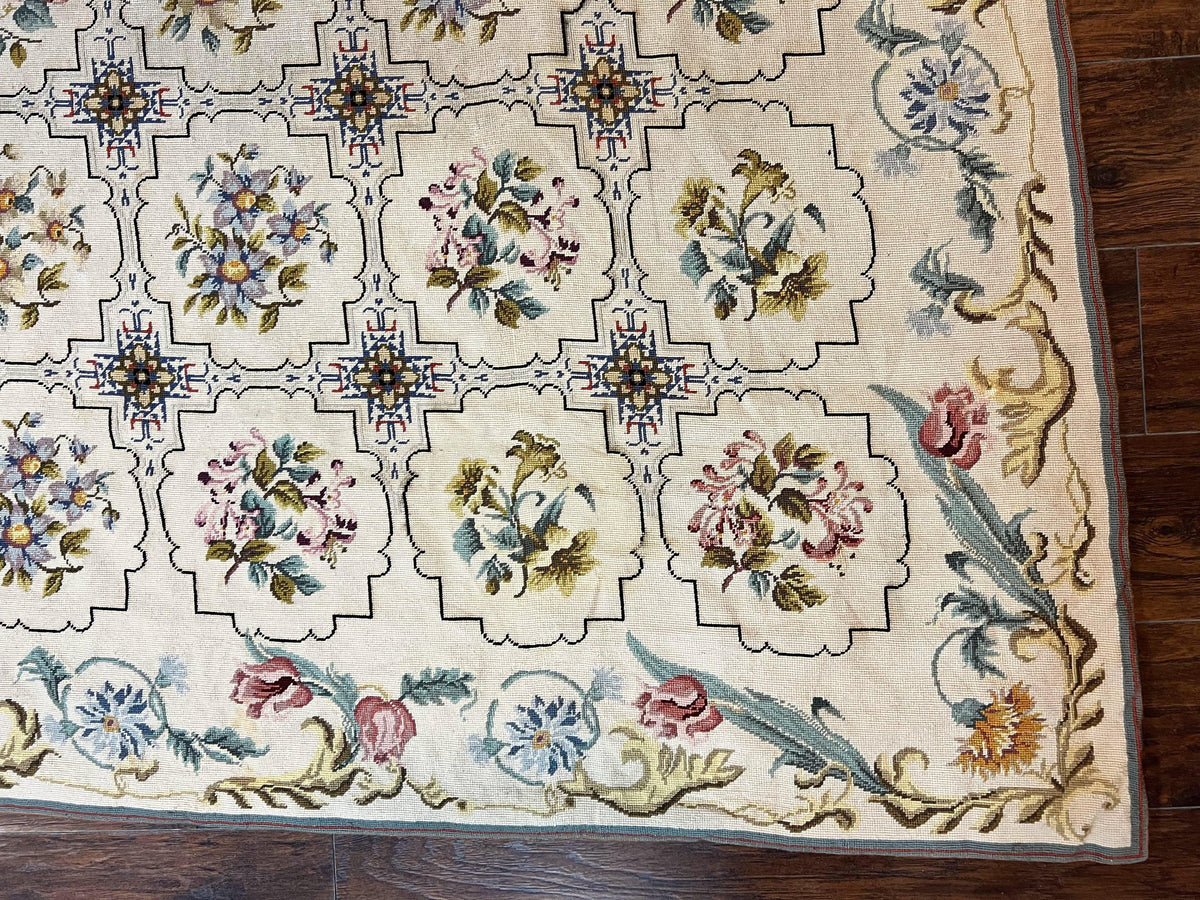 Needlepoint Rug 10x14, Wool Handmade Vintage Needlepoint Carpet, Floral Panel Design, Ivory/Cream - Jewel Rugs, view 10