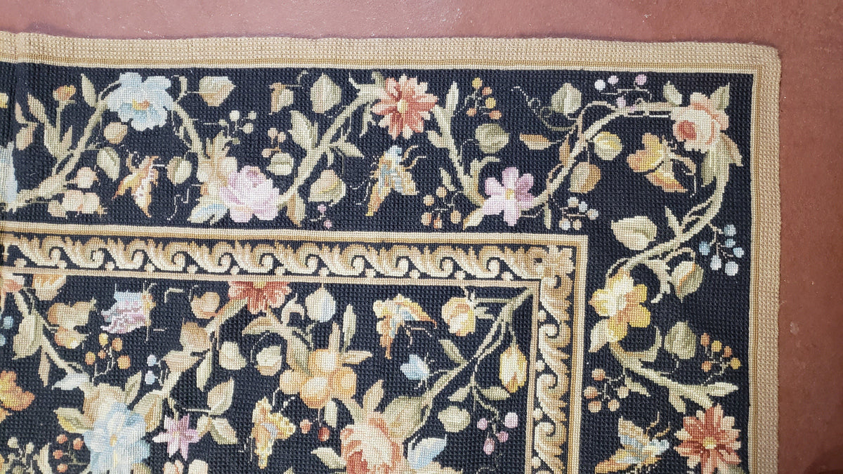 6x9 Vintage Needlepoint Rug, Petitepoint Carpet, Butterflies Floral Design - Jewel Rugs, view 6