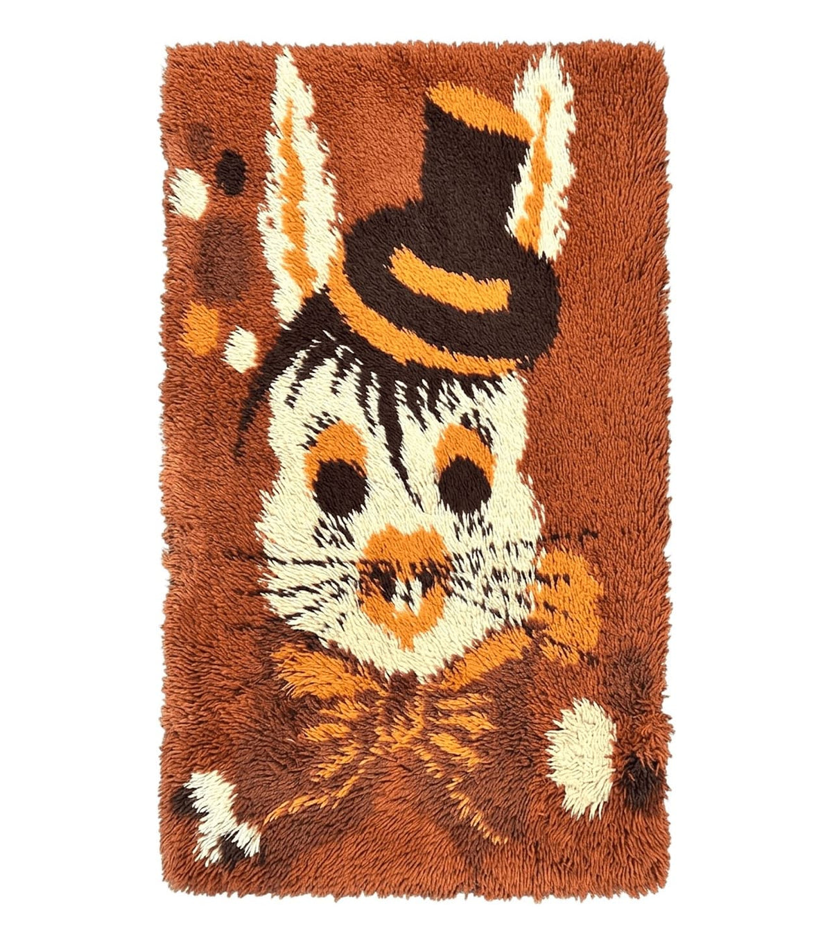 Rya Shag Rug 2x4, Rabbit in Top Hat, Wool, Orange, Vintage 1960s Danish Shag Rug - Jewel Rugs